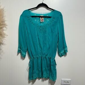 Johnny Was Teal Cupra Rayon Embroidered Cinch Waist Tunic Top Size S 3/4 Sleeve